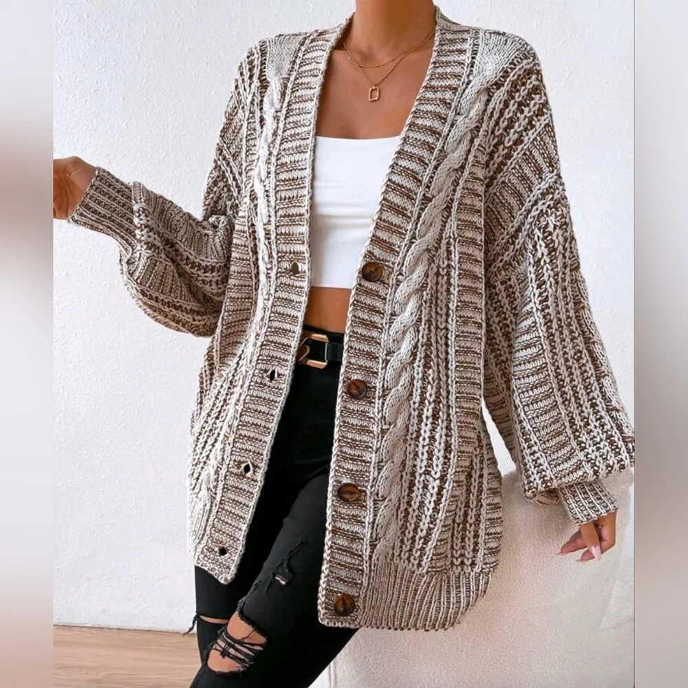 New Boho Chunky Cable Knit Cardigan Sweater Cream White Brown - Picture 5 of 10